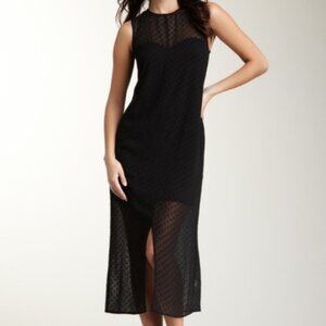 Kensie Sheer Polka Dot Midi Dress Women's Size L Black Dark Feminine Goth